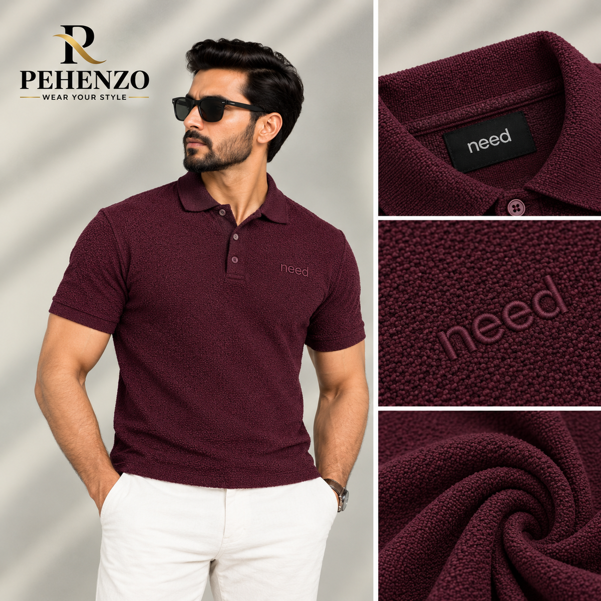 Textured Popcorn Polo Shirts Burgandy
