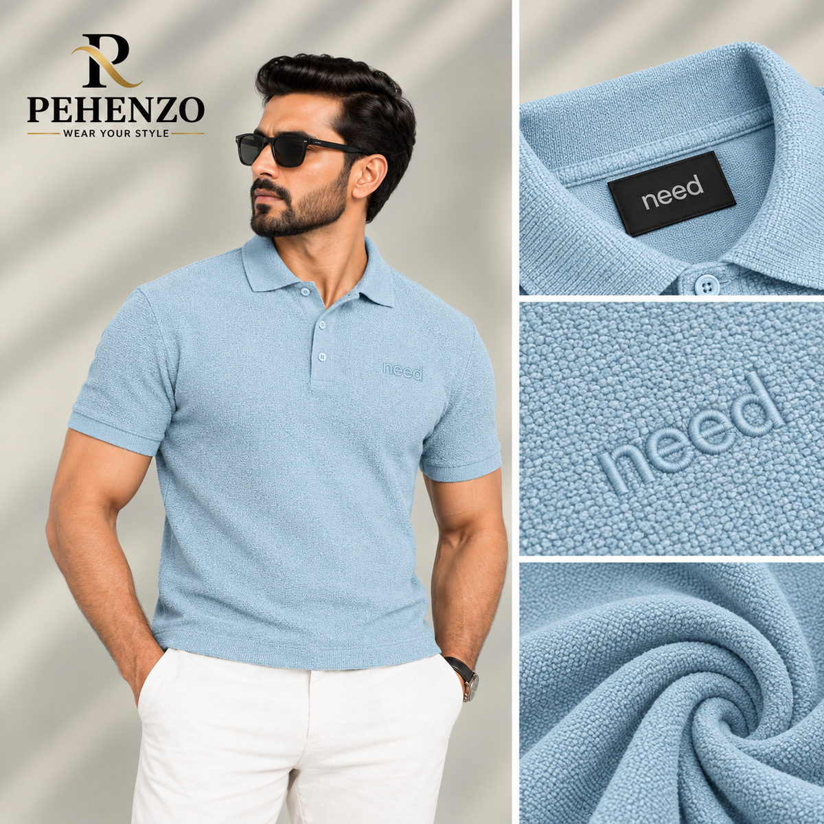 Textured Popcorn Polo Shirt - Sky Blue